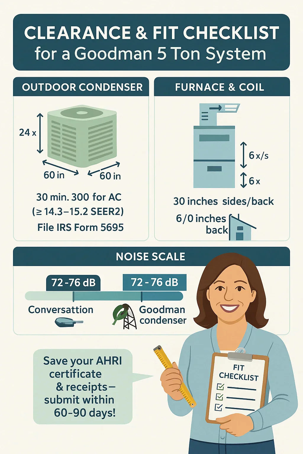 5 Ton 14 SEER2 80,000 BTU 80% AFUE Goodman Upflow Air Conditioner System with Models GLXS4BA6010, CAPTA6030C3, GR9S800805CN