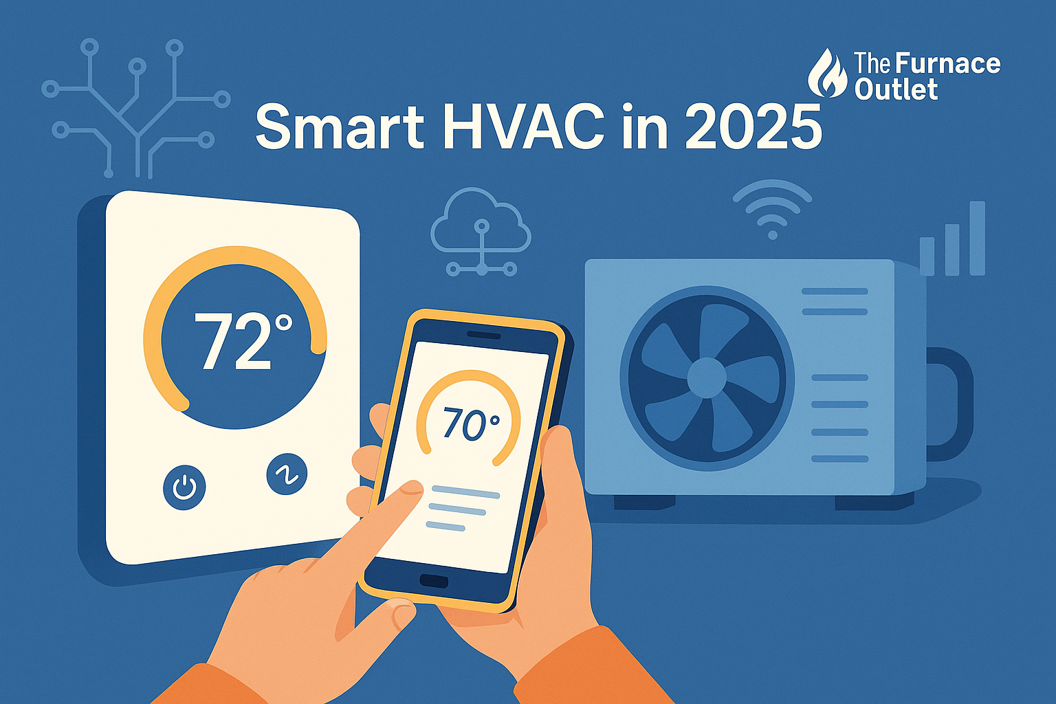 A 2D digital illustration promotes smart HVAC tech in 2025, featuring a smart thermostat, smartphone app, and HVAC unit connected through IoT and AI symbols, with The Furnace Outlet logo.