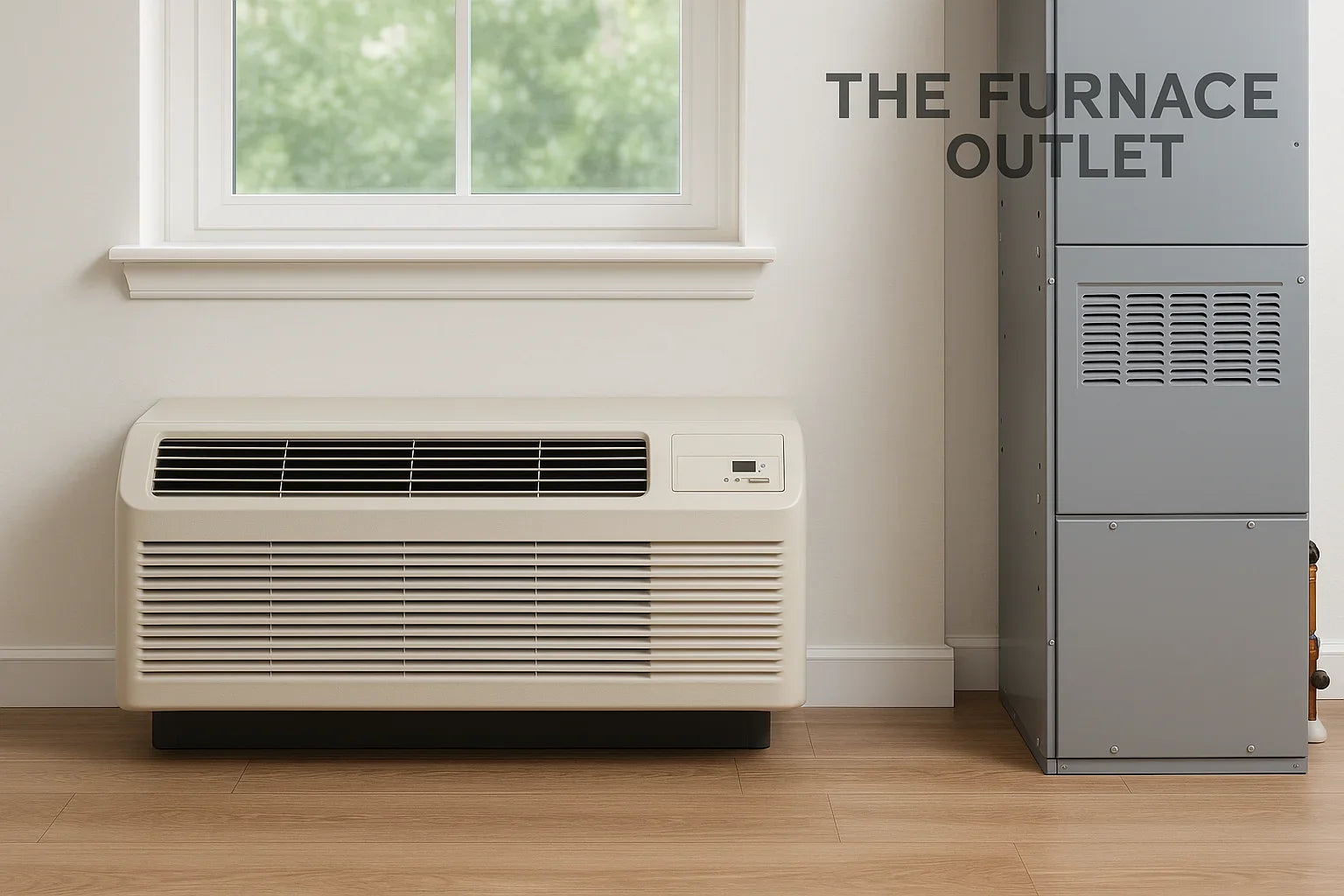 A PTAC unit and furnace installed in a bright residential room under a window