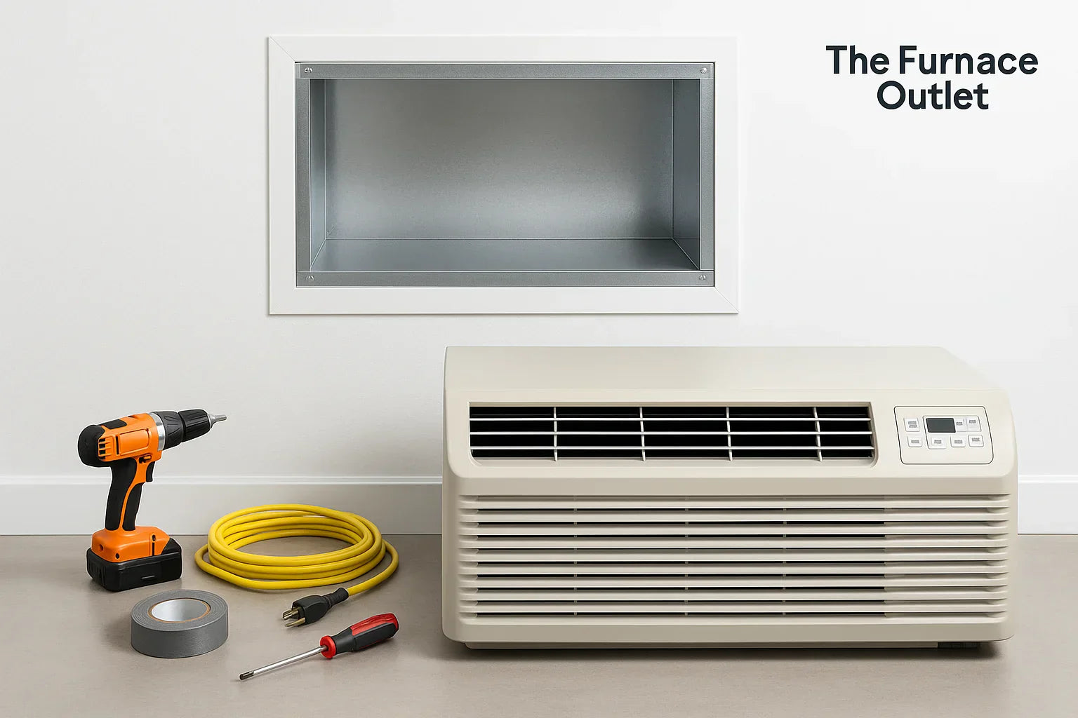 A PTAC unit with installation tools in a clean white room showing a professional setup.