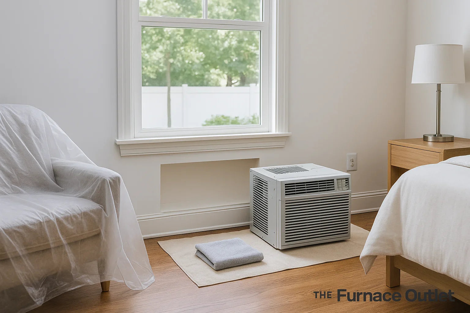 A bright room prepared for air conditioner installation with furniture covered and unit ready by the window