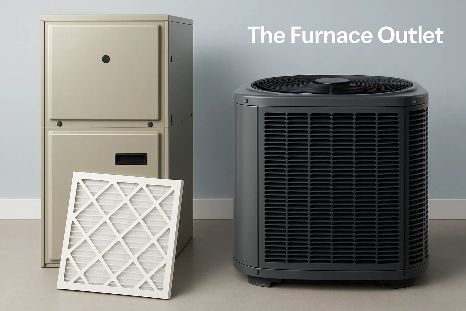 A central air conditioning system with a furnace unit, outdoor condenser, and clean air filter.