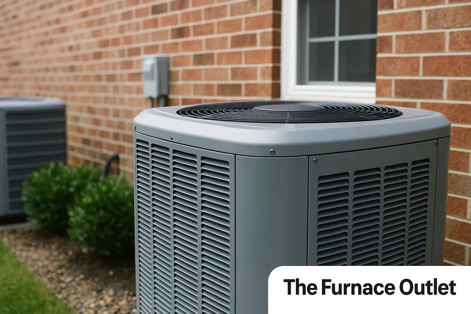 A central air conditioning unit sits outside a brick home with shrubs and another unit in the background.