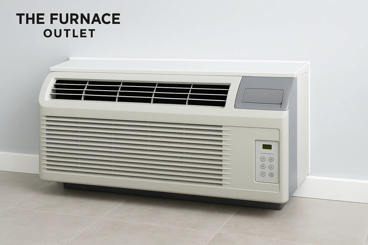 A clean modern PTAC unit installed on an interior wall with The Furnace Outlet logo in view