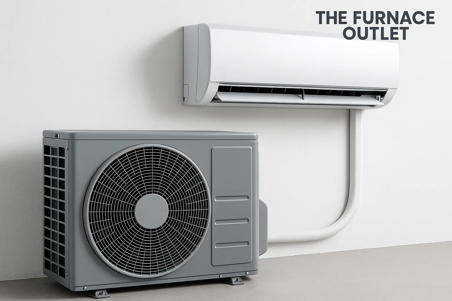 A clean modern mini split air conditioner system with indoor and outdoor units displayed.