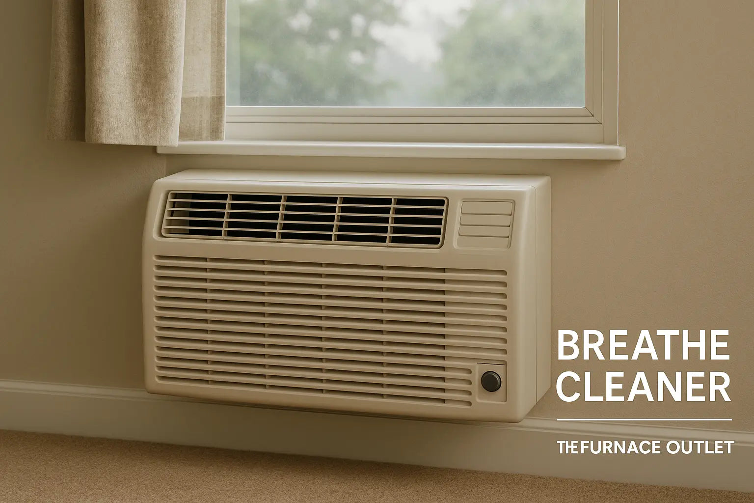 A clean, modern through-the-wall air conditioner installed below a window in a softly lit room, representing indoor air quality and comfort. Branding The Furnace Outlet.