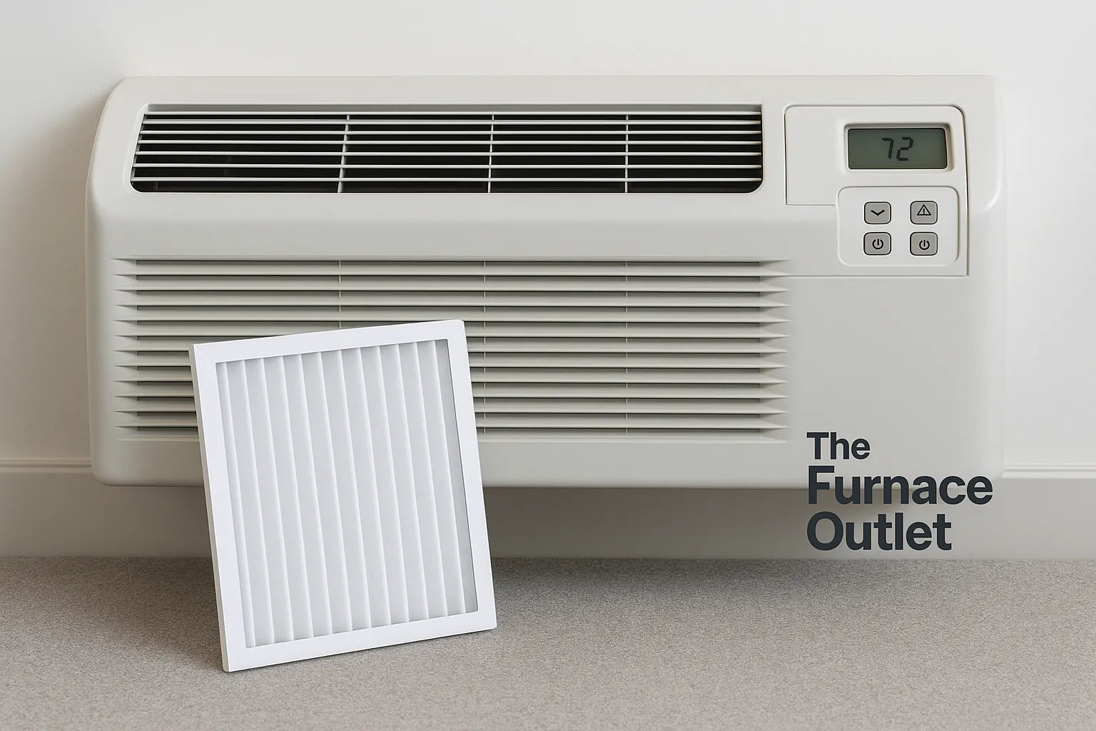 A clean white PTAC air conditioner unit with a removable filter placed in front.