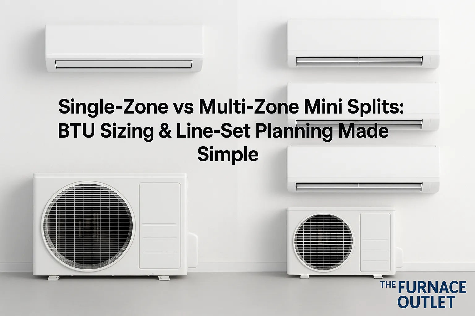 A digital comparison image showing single-zone and multi-zone mini-split air conditioning units in a clean, professional layout.