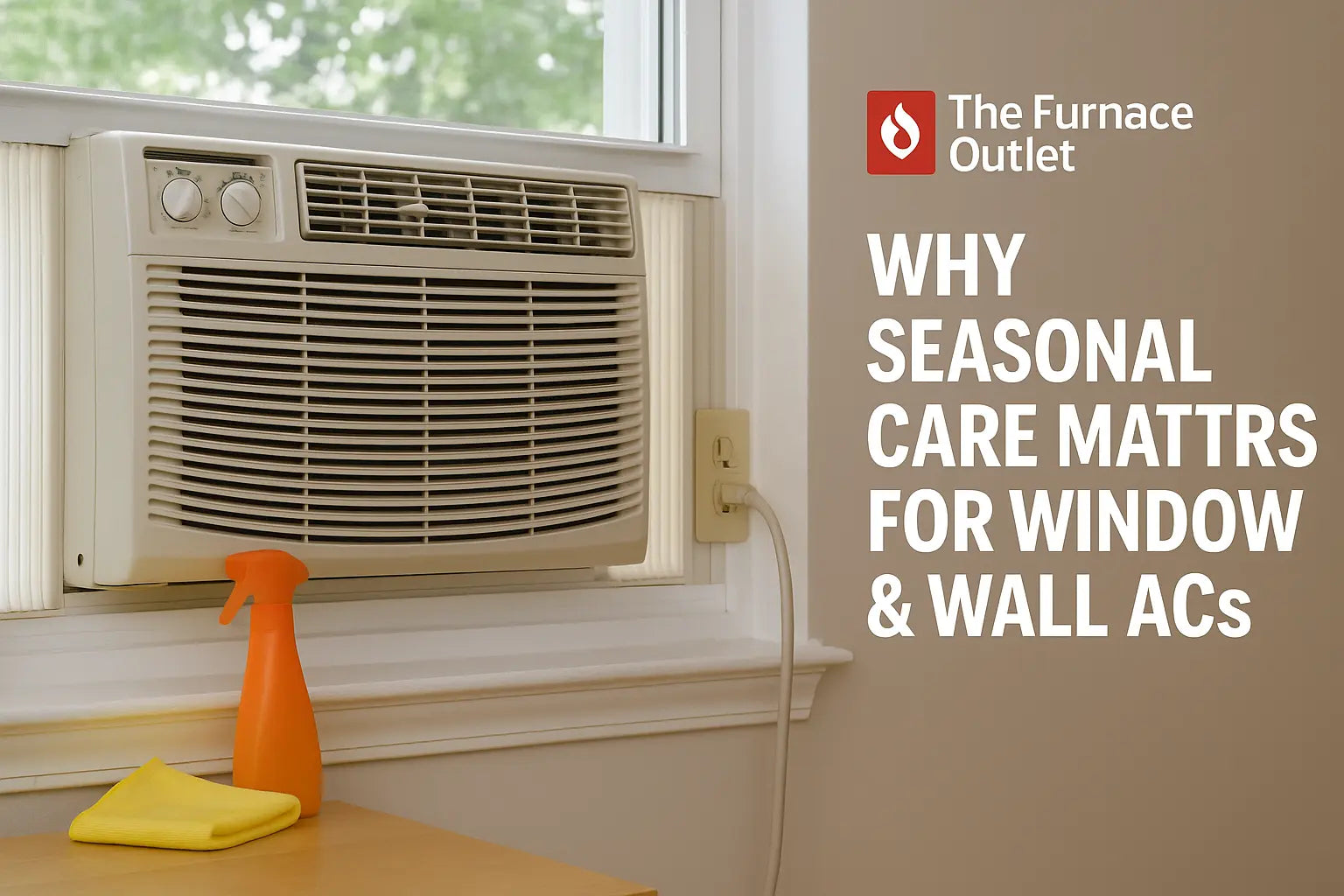 A digital photograph for The Furnace Outlet highlighting seasonal maintenance of a window air conditioner, with a spray bottle and cloth nearby on a wooden surface, reinforcing cleaning and upkeep practices.