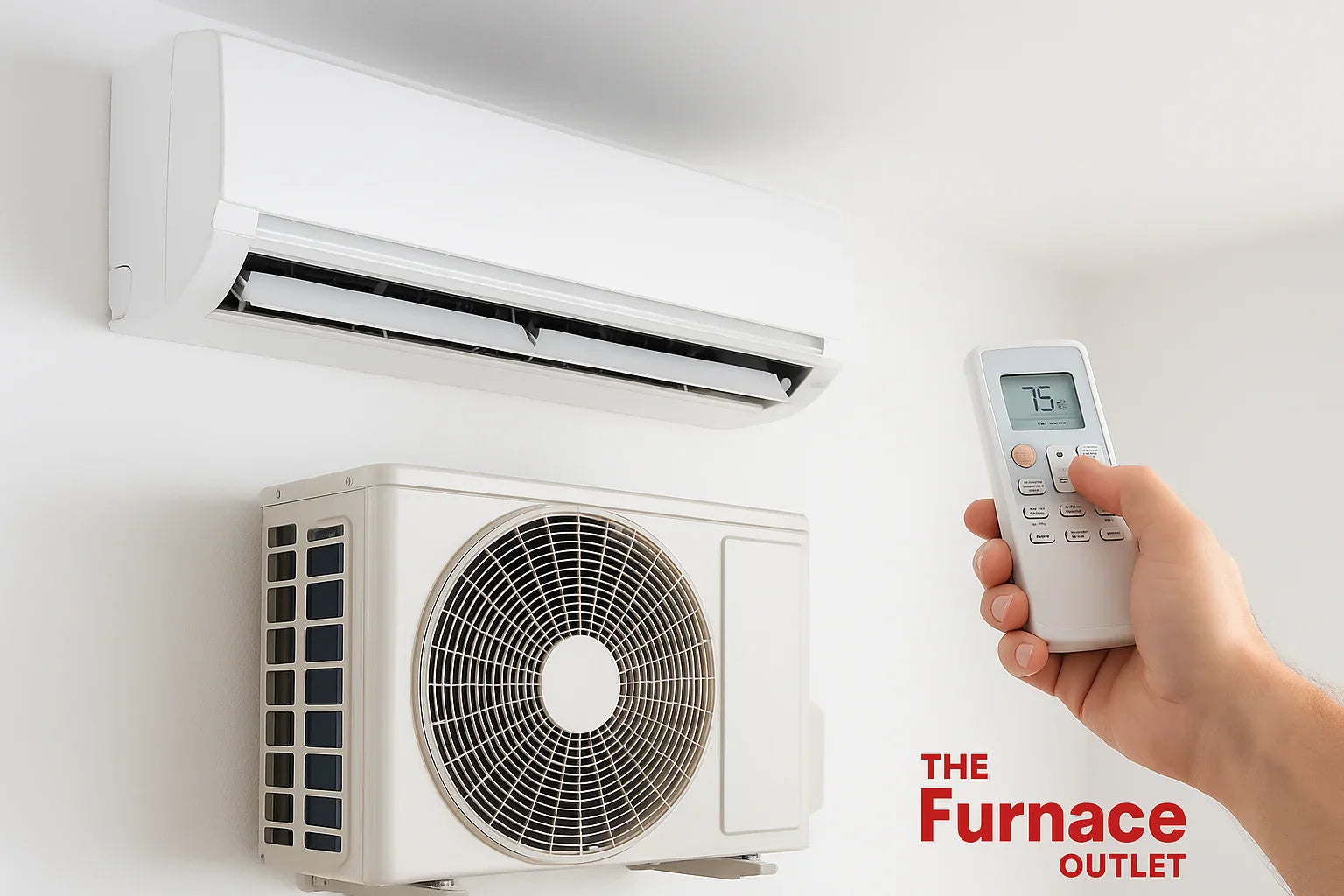 A ductless mini split AC system with indoor and outdoor units and a remote set to 75 degrees.