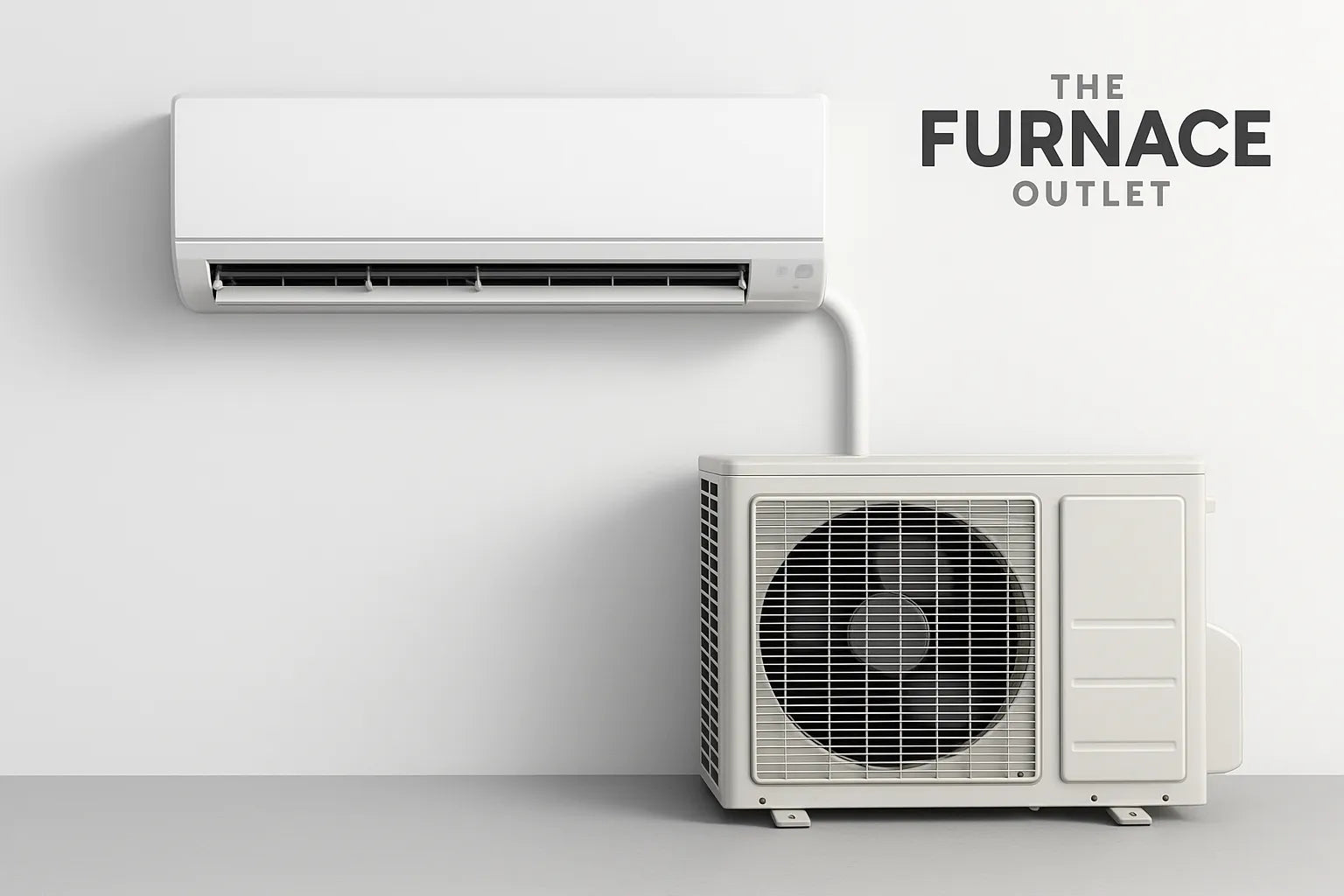 A ductless mini split air conditioner indoor and outdoor unit shown against a clean white wall with The Furnace Outlet branding.