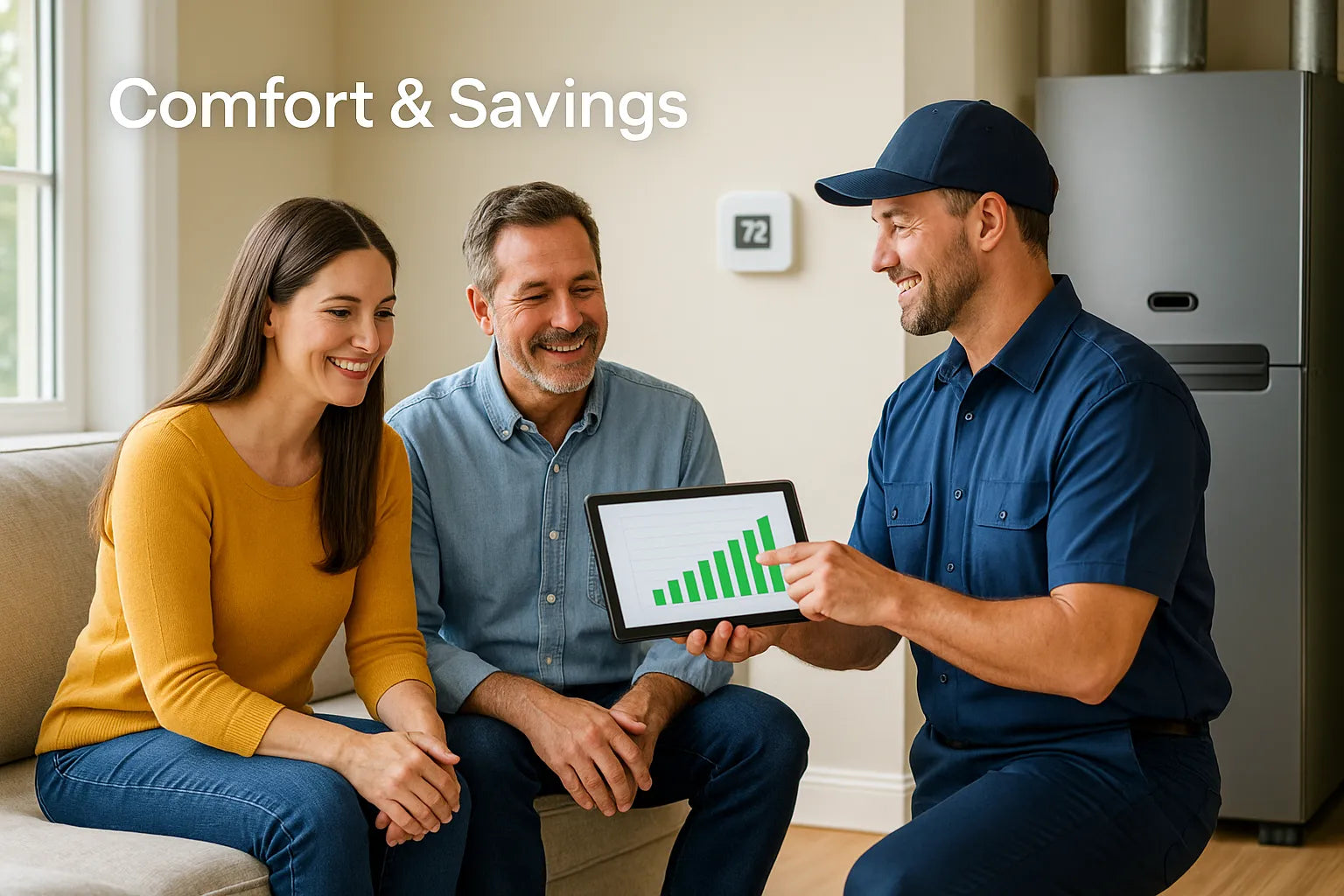 A friendly HVAC technician shows energy-saving options on a tablet to a smiling homeowner couple beside a modern furnace in a bright, sun-lit living room.