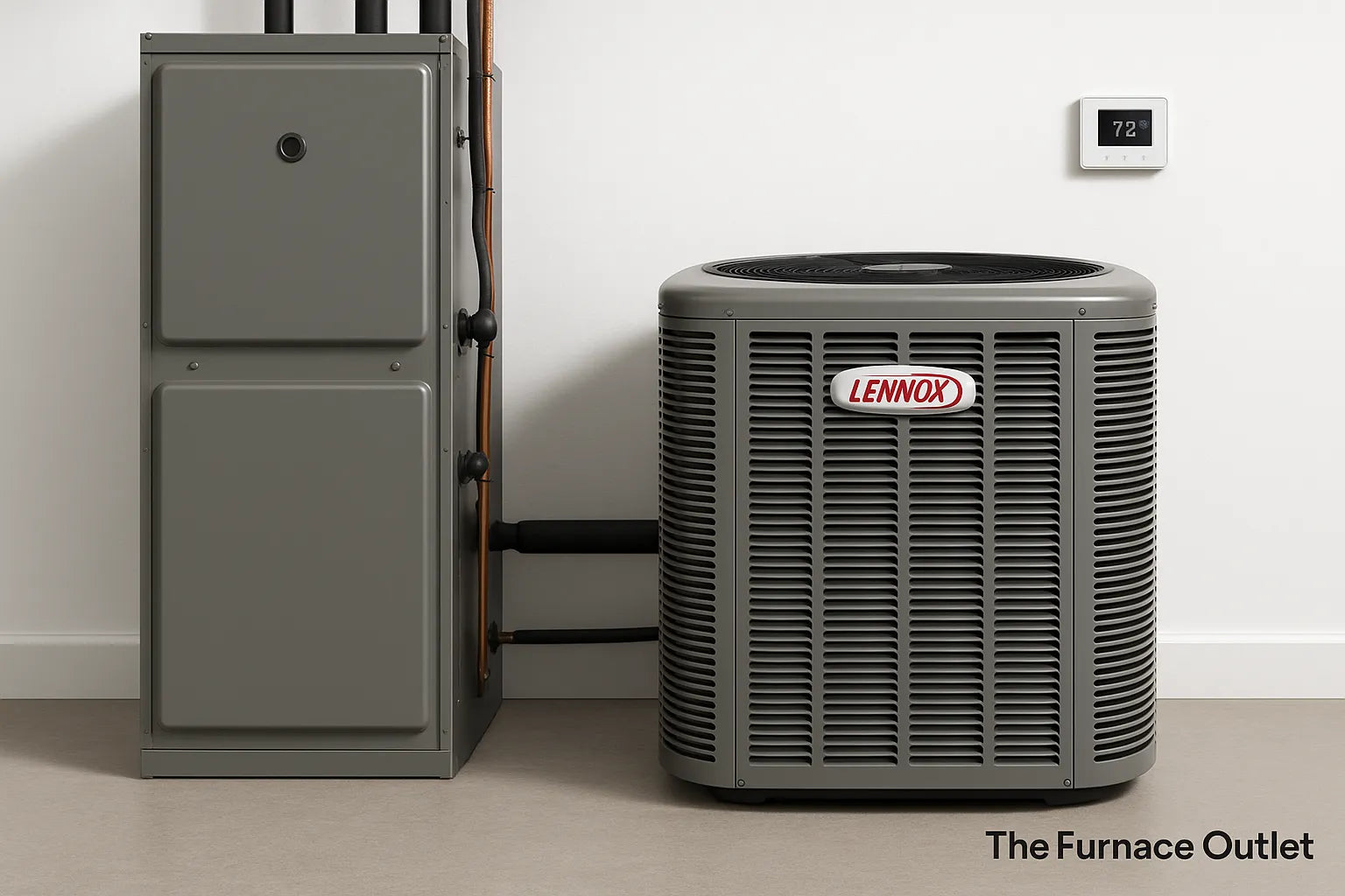 A furnace and air conditioning unit installed indoors with The Furnace Outlet logo in the corner.