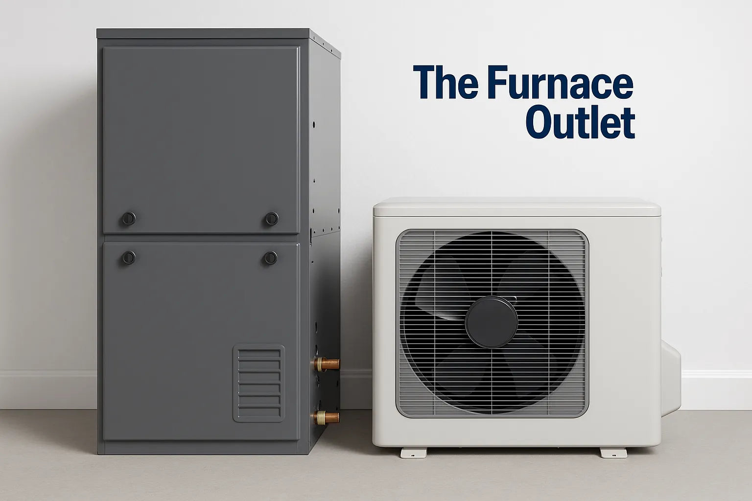 A furnace and air conditioning unit placed side by side against a clean white wall.