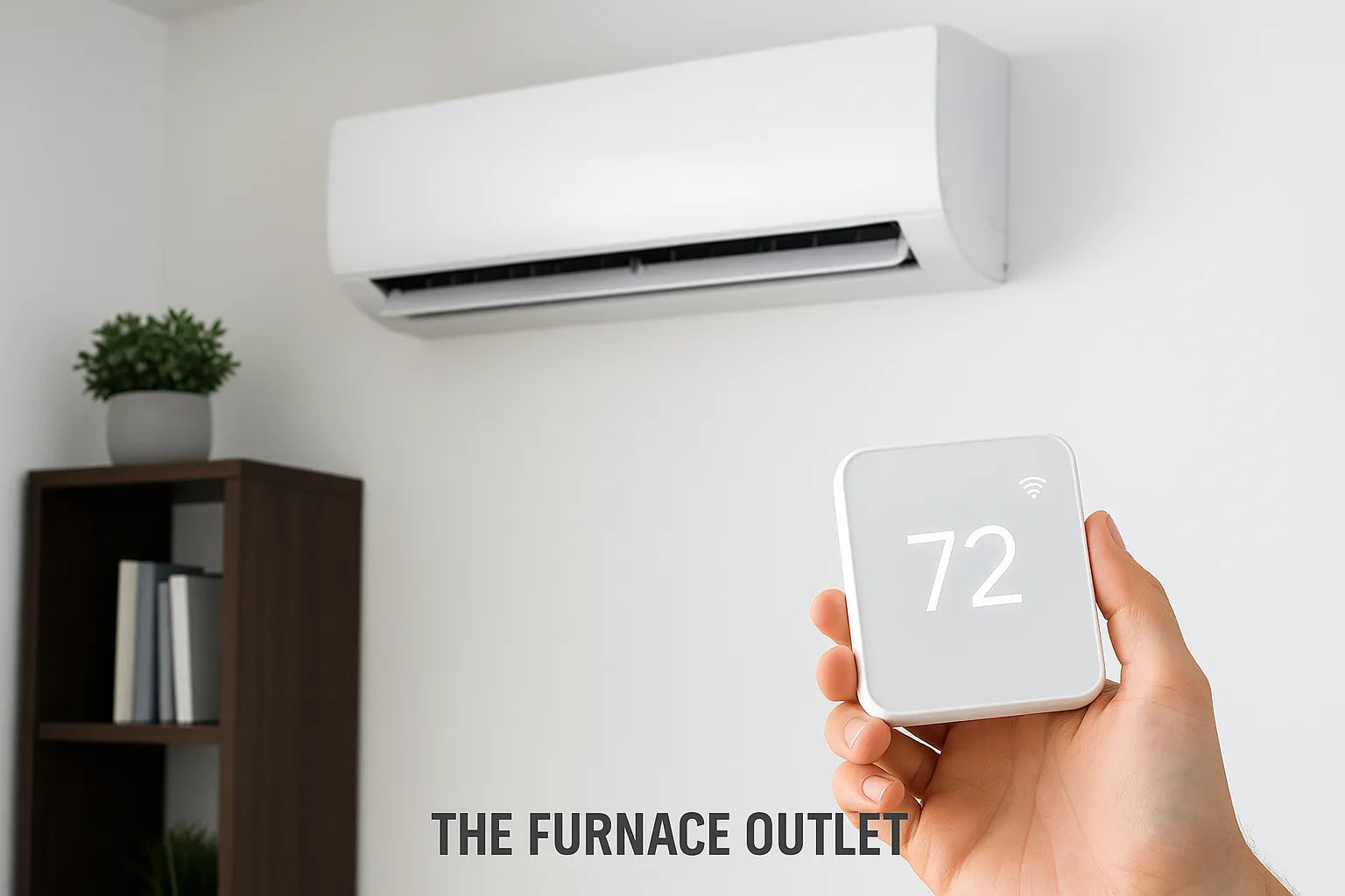 A hand holds a smart thermostat showing 72 degrees in front of a modern mini split air conditioner.
