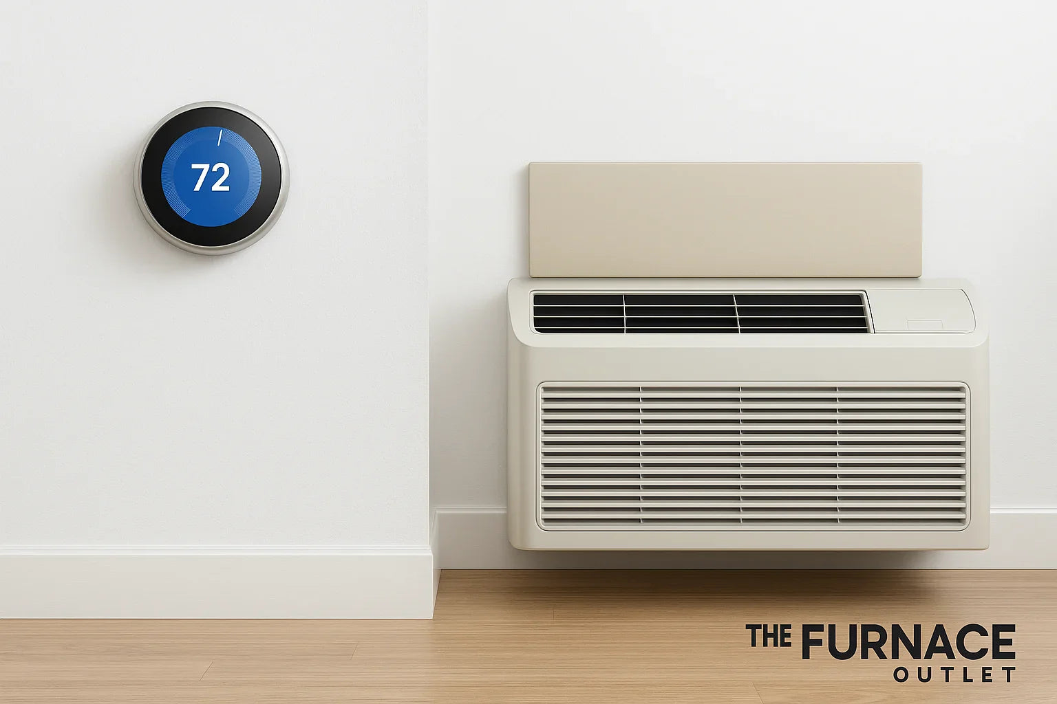 A modern PTAC unit with a smart thermostat on a clean white wall