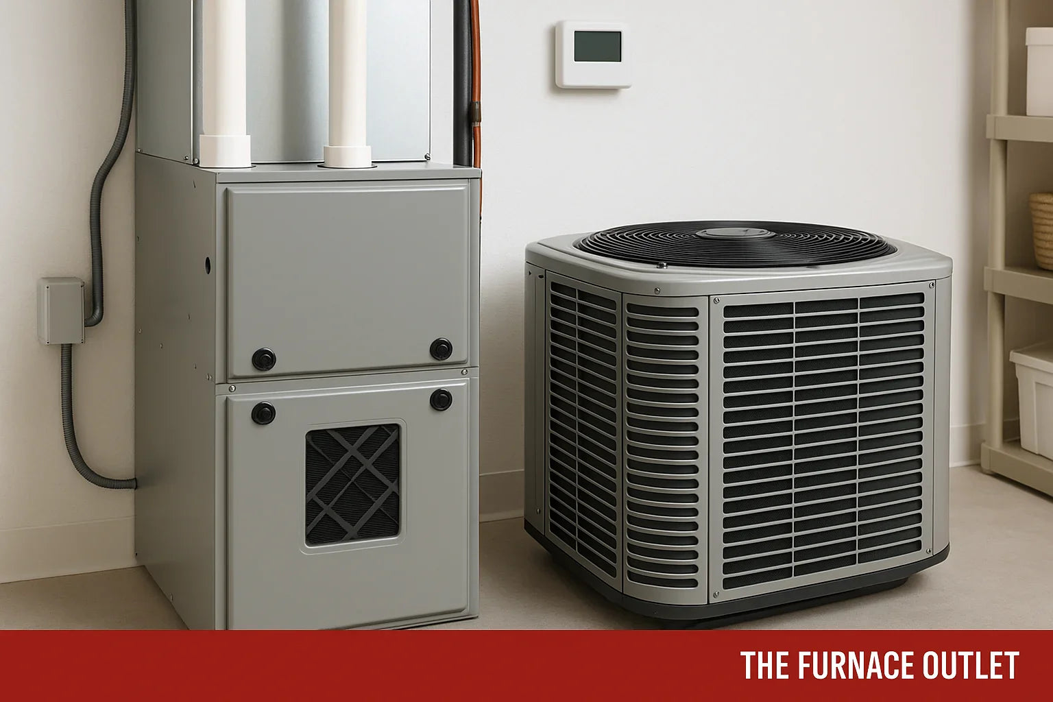 A modern furnace and central air conditioning unit installed in a clean utility room.