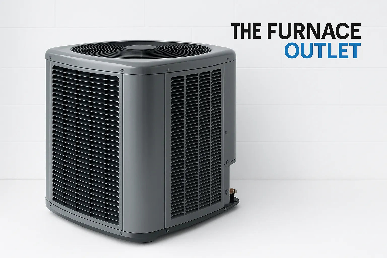 A modern gray heat pump against a clean white wall with The Furnace Outlet logo in the corner.