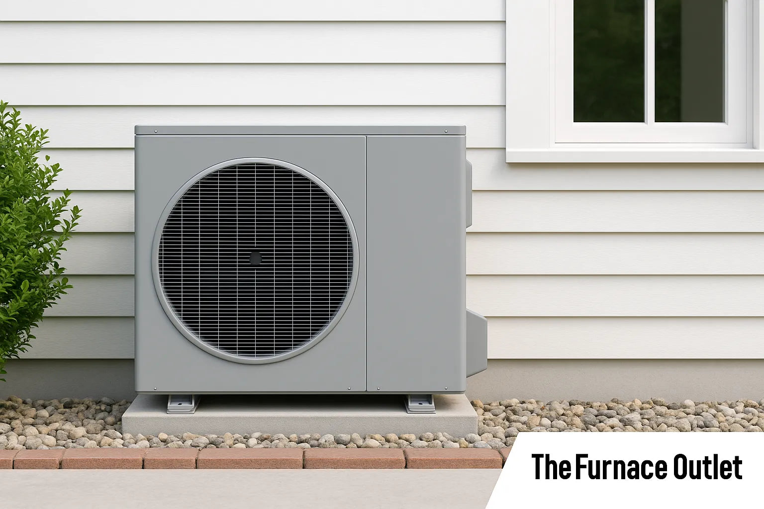 A modern gray heat pump unit is installed outside a white house with clean landscaping.