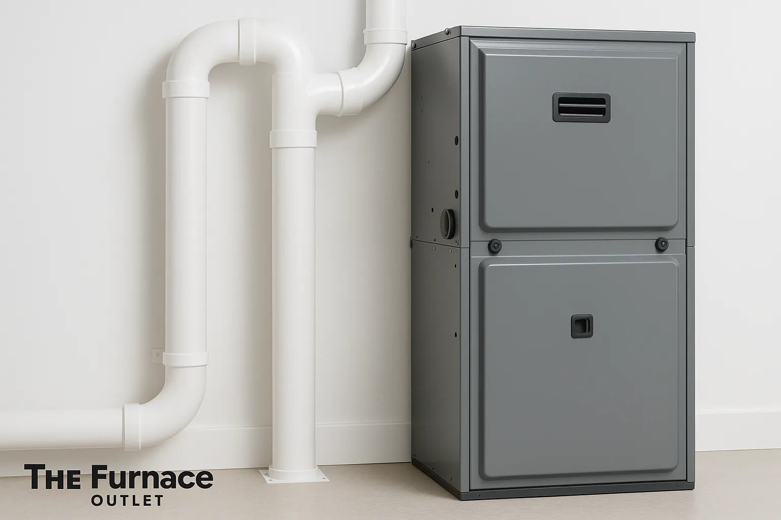 A modern gray high-efficiency furnace with white PVC intake and exhaust pipes against a clean white wall.