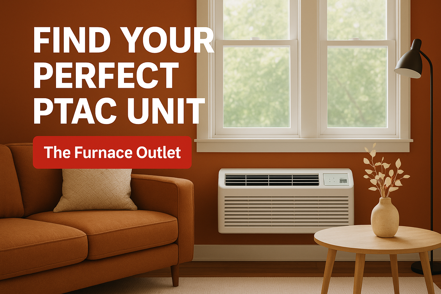 A modern living room with an R-32 PTAC unit installed beneath twin windows, a rust-colored couch, and branded copy reading “Find Your Perfect PTAC Unit – The Furnace Outlet.
