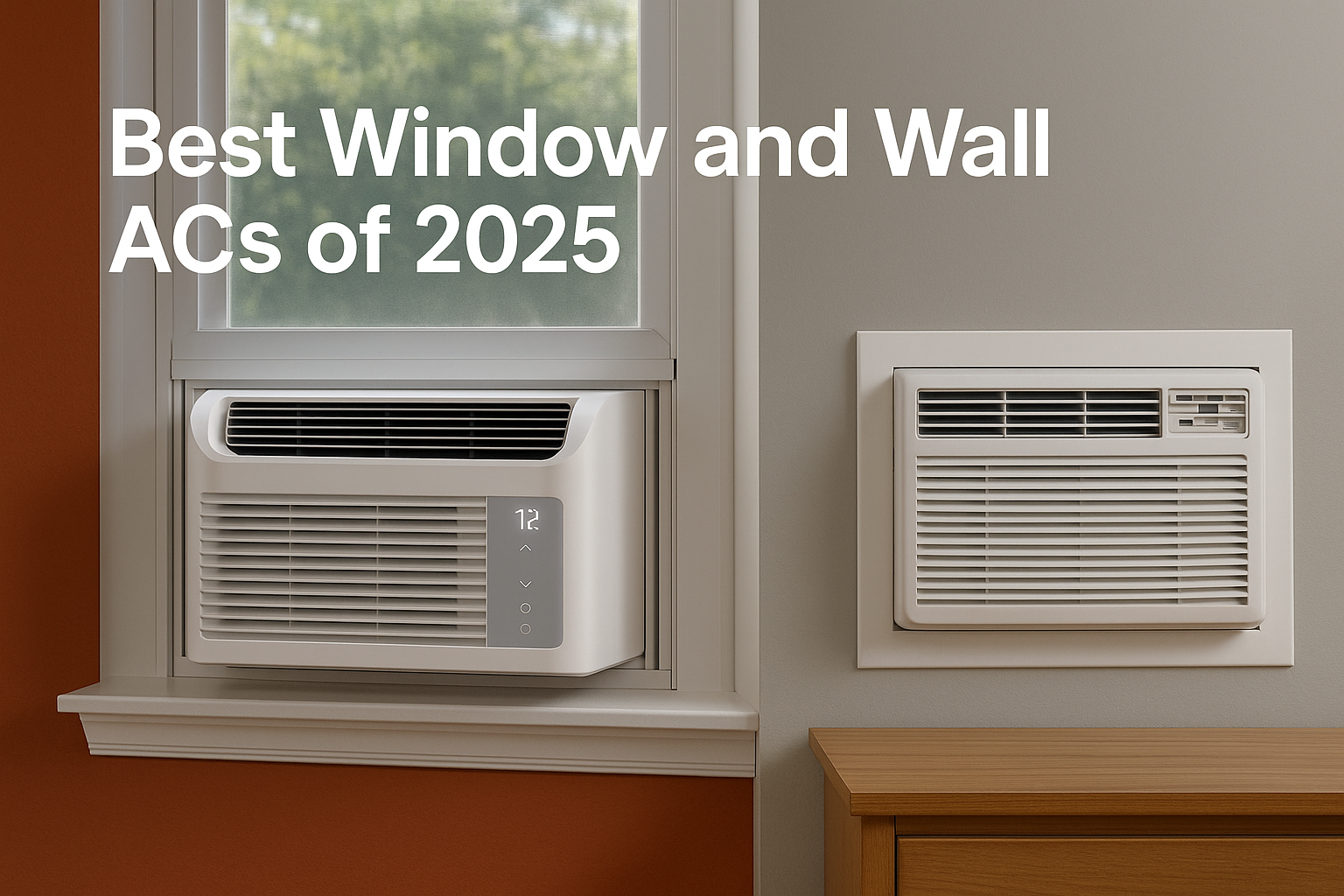 A modern room showcasing a window air conditioner on the left and a through-the-wall unit on the right, with clean, minimal decor and soft lighting reflecting The Furnace Outlet’s branding style.