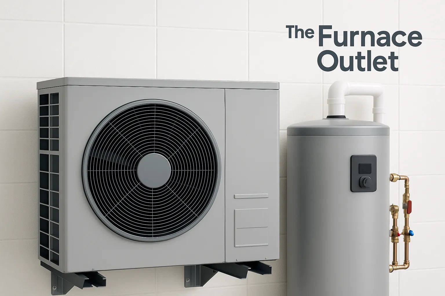 A new heat pump and water heater installed in a clean utility room.