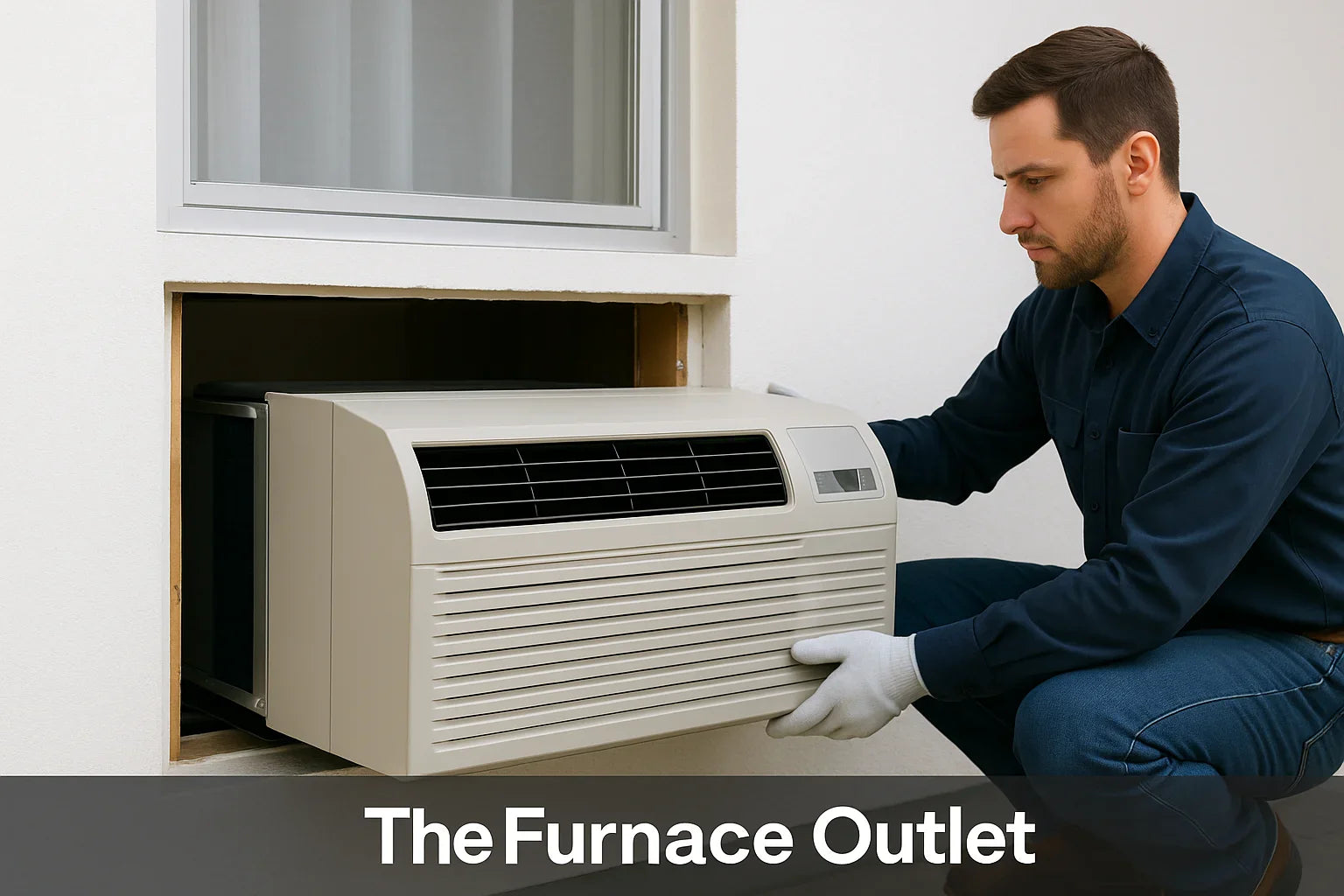 A professional HVAC technician installs a PTAC unit into a wall.