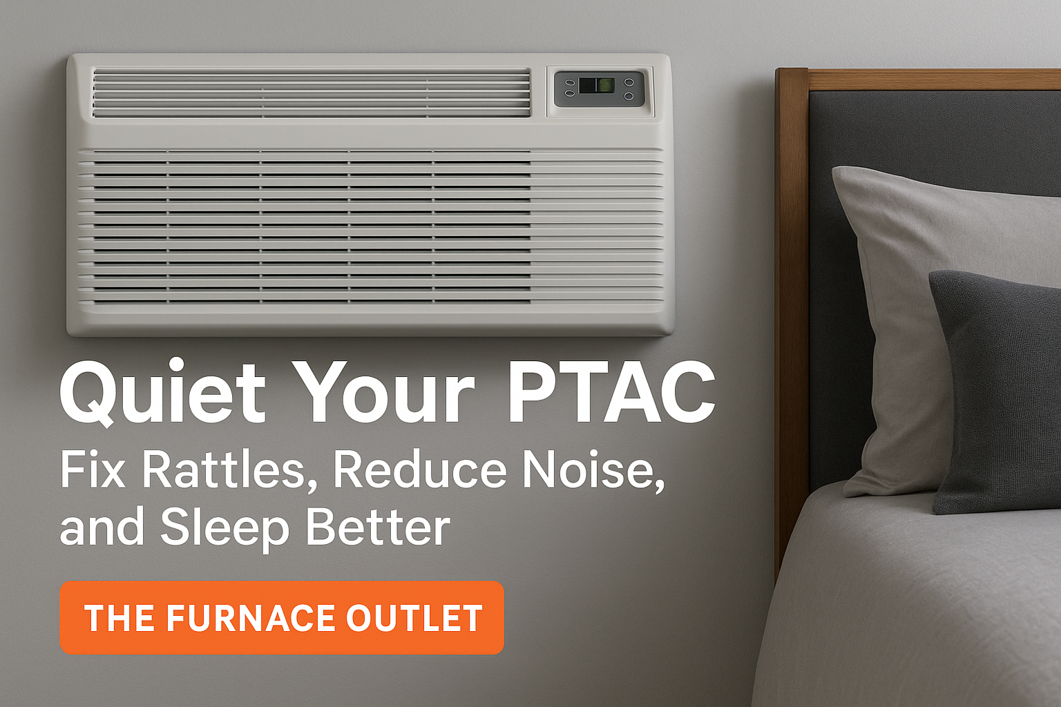 A quiet PTAC unit is mounted above a modern bed in a softly lit bedroom. Large white text reads “Quiet Your PTAC Fix Rattles, Reduce Noise, and Sleep Better.” A bright orange call-to-action button says “THE FURNACE OUTLET.”
