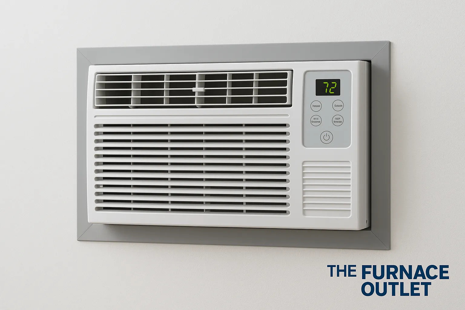 A wall mounted air conditioner unit with digital display showing 72 degrees and The Furnace Outlet logo in the corner