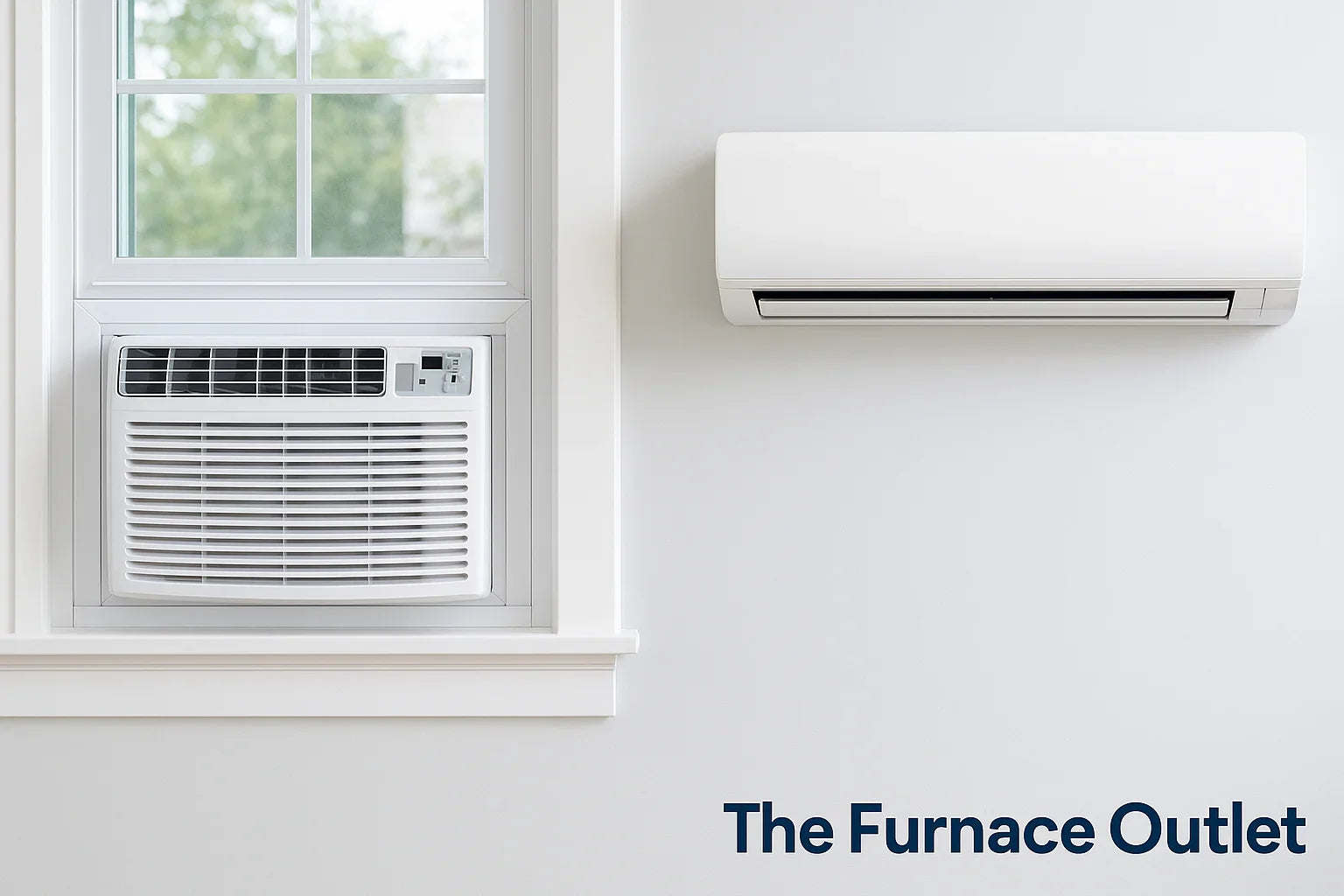 A window air conditioner and a wall-mounted air conditioner installed side by side indoors.