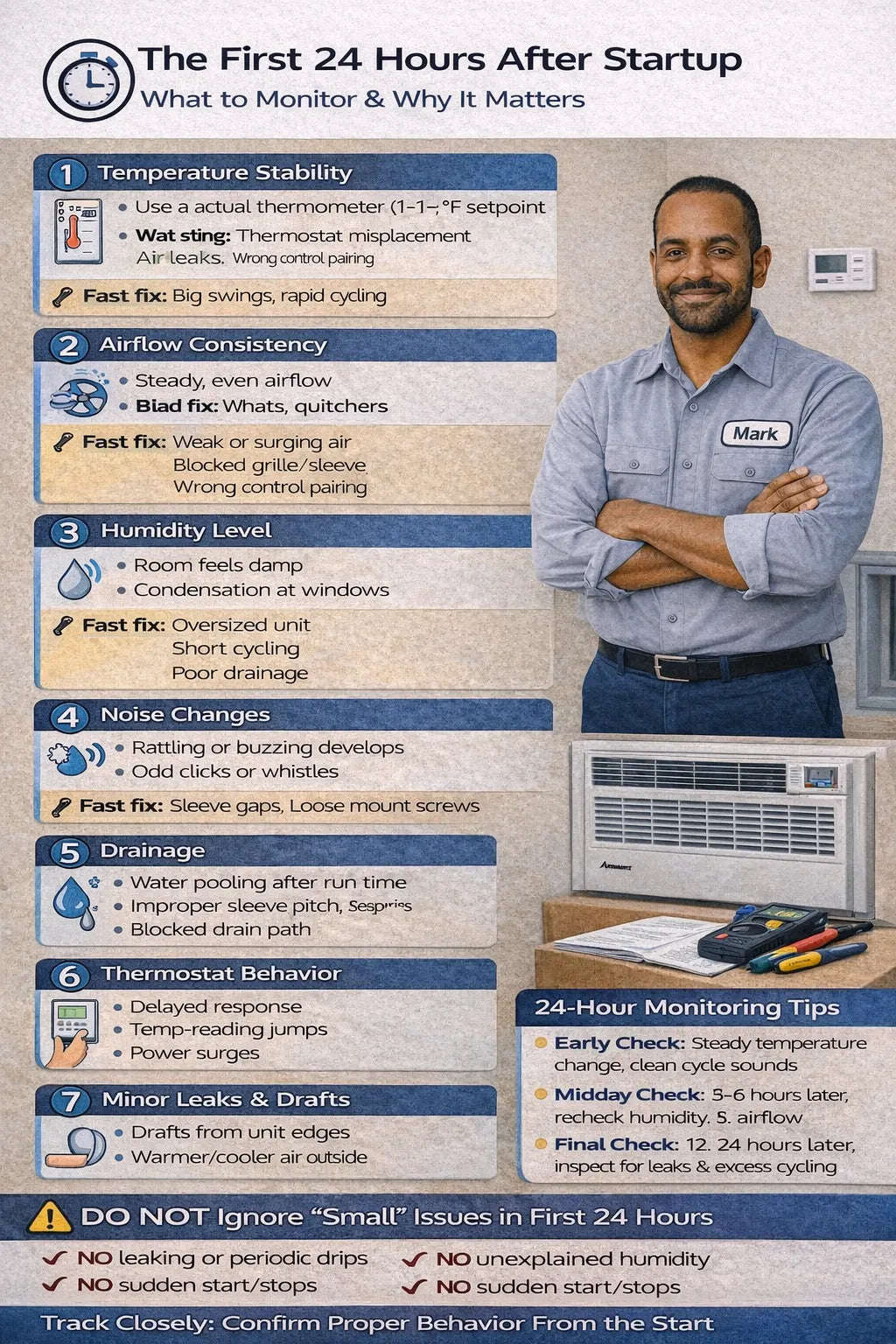 After initial startup, what to track in the first 24 hours — temp stability, airflow, humidity, noise.