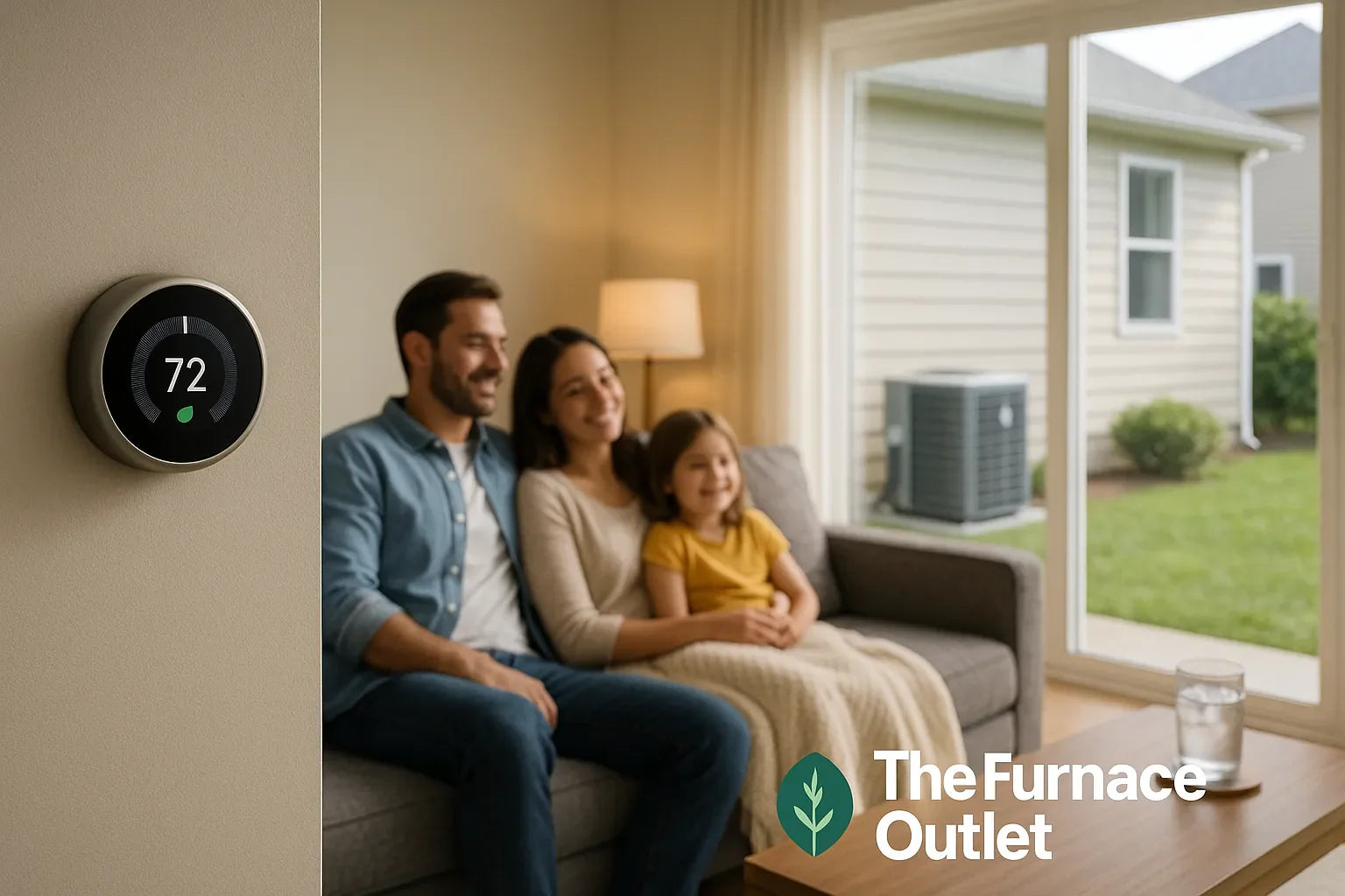 American home at golden hour with a central AC unit outside and a warm, lived-in interior, conveying energy-efficient, reliable comfort by The Furnace Outlet.