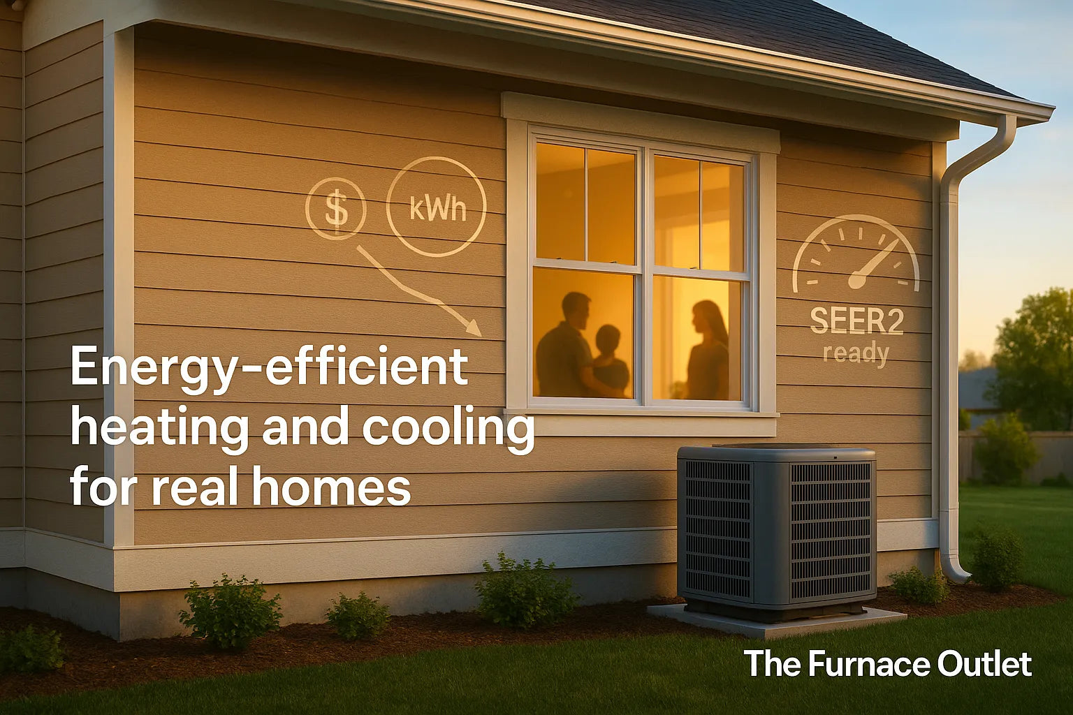 American home at golden hour with a central AC unit outside and a warm, lived-in interior, conveying energy-efficient, reliable comfort by The Furnace Outlet.
