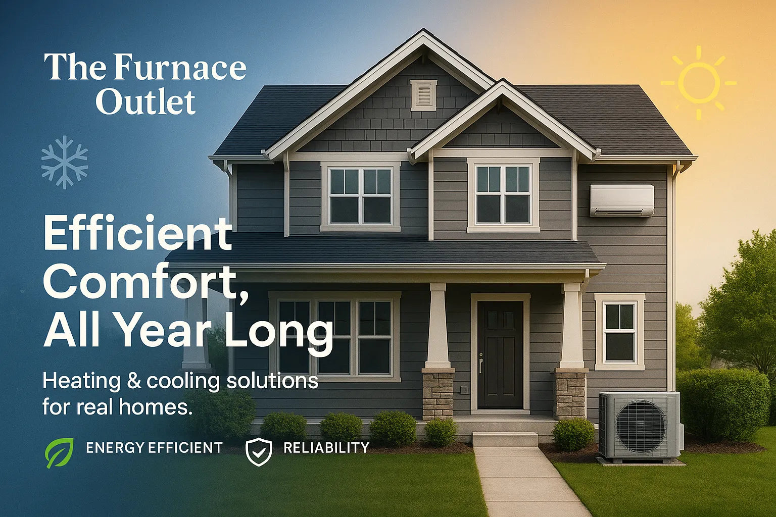 American home with heat pump and mini-split in a warmcool split scene, conveying efficient, reliable year-round comfort for The Furnace Outlet.