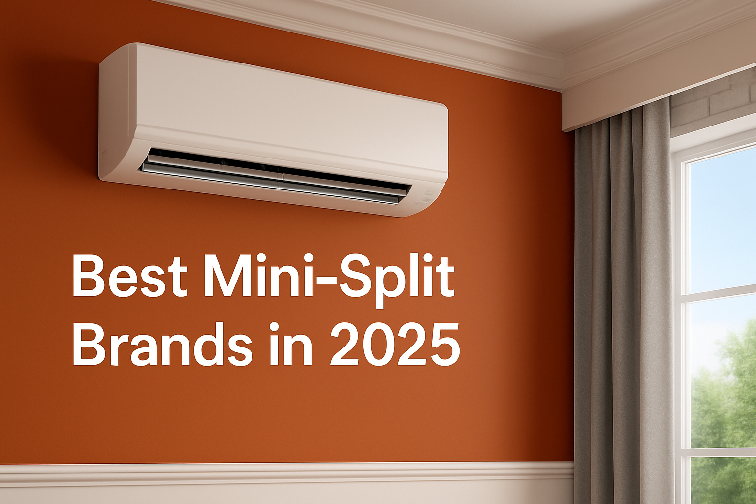 A modern mini-split air conditioner mounted on a burnt-orange wall in a bright, contemporary room with a window and gray curtain.