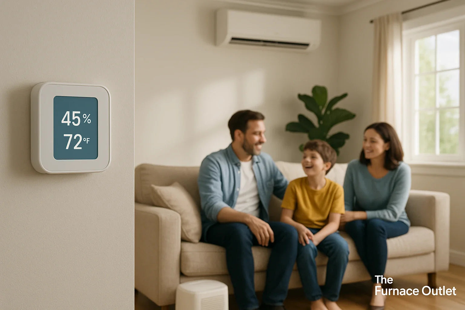 Bright family living room with smart thermostat reading 45 percent humidity and energy efficient HVAC for year round comfort.
