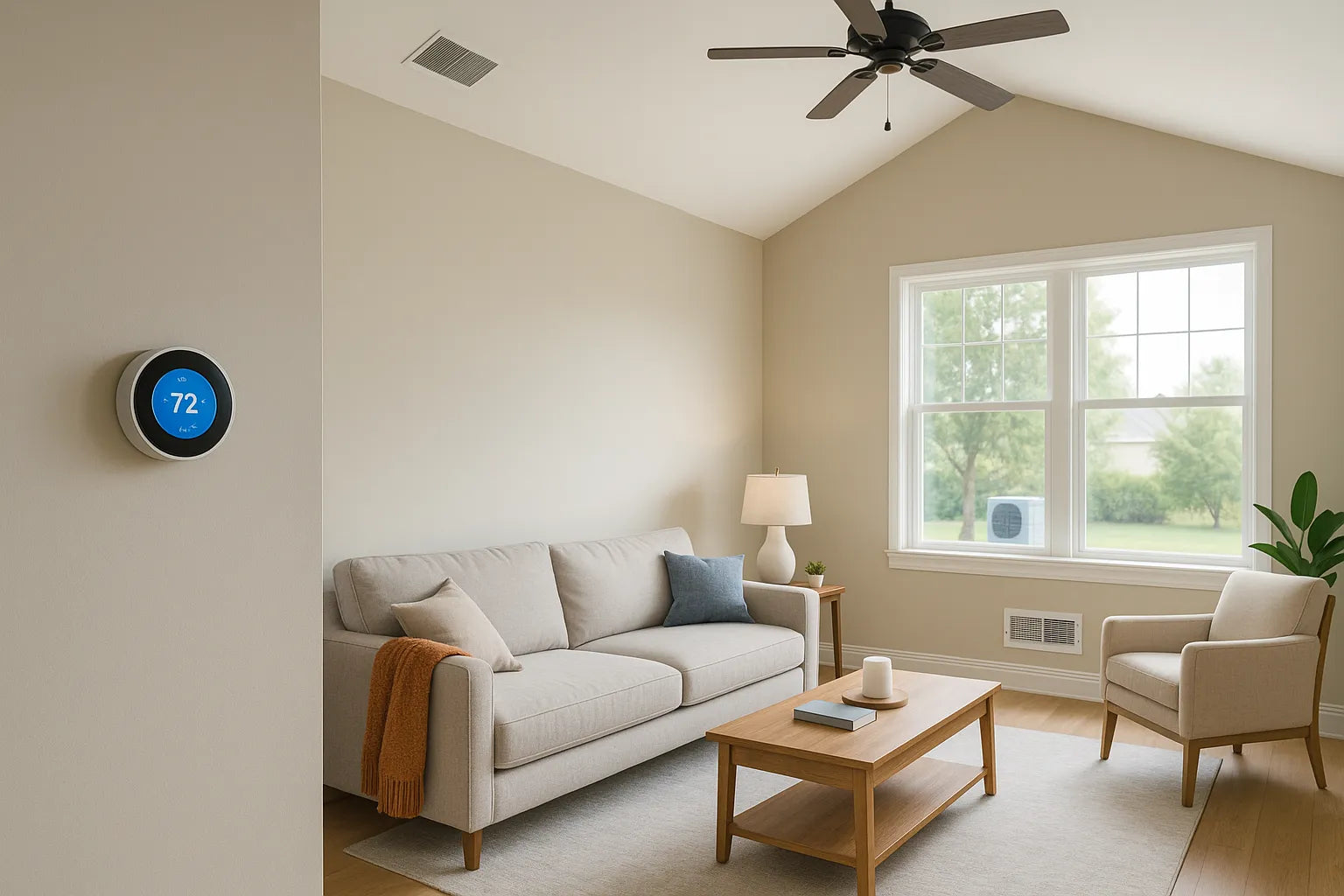 Bright living room with tall ceilings and a smart thermostat, conveying efficient, reliable home heating and cooling by The Furnace Outlet.