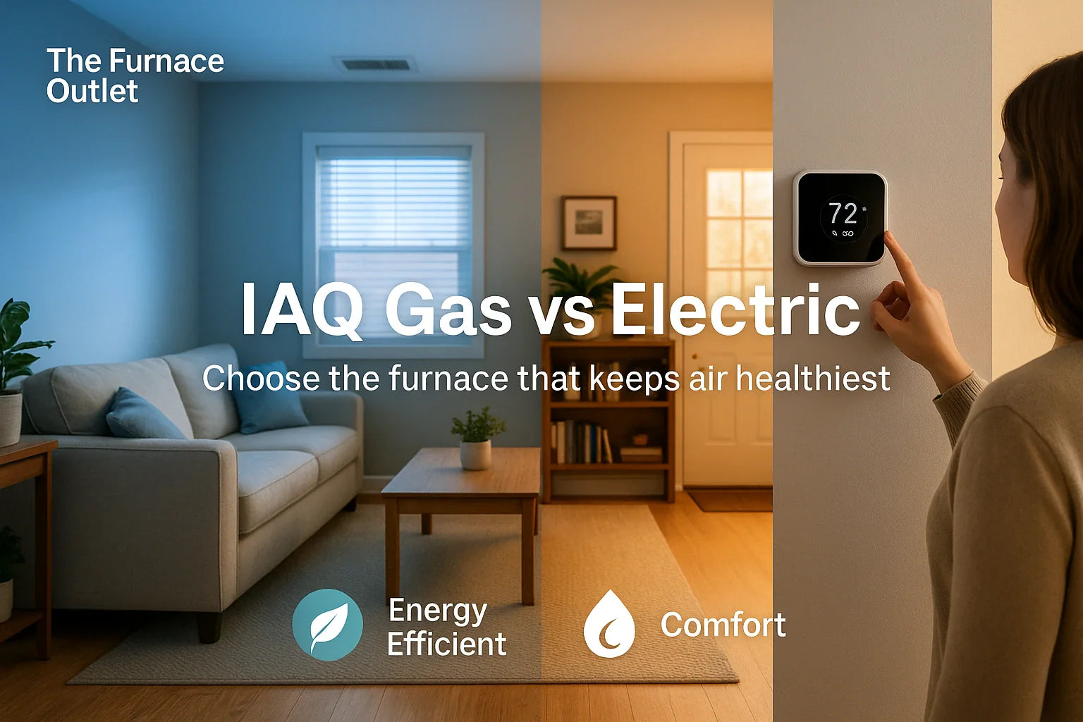 Bright split-scene living room (cool vs warm) illustrating energy-efficient, reliable residential heating and cooling for The Furnace Outlet.