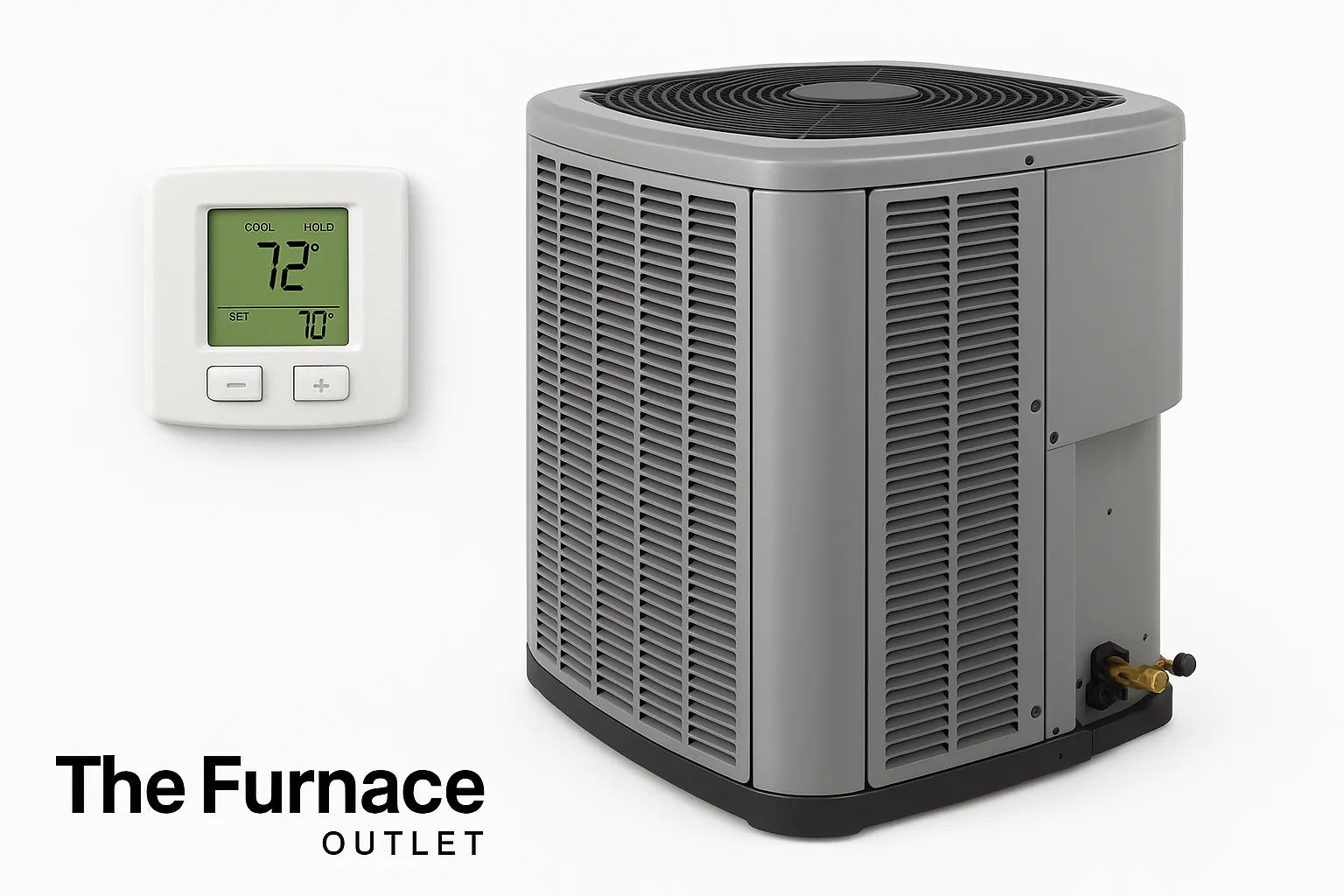 Central air conditioner and digital thermostat representing SEER efficiency, with The Furnace Outlet logo in a clean, professional layout.
