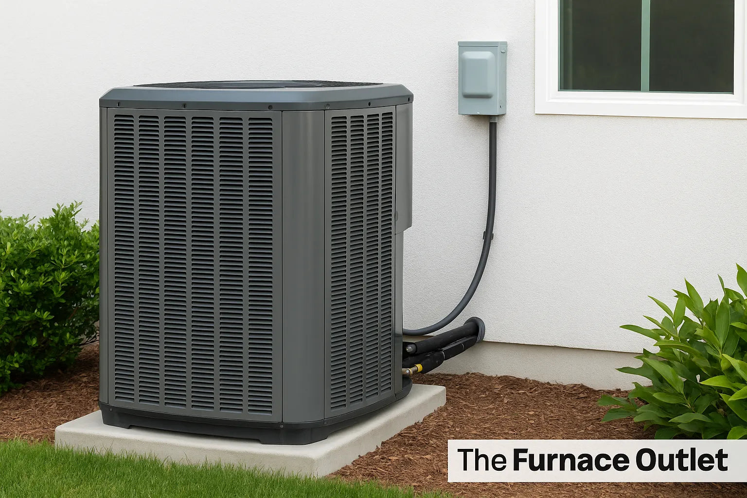 Central air conditioner installed beside a modern white house with “The Furnace Outlet” logo in corner.