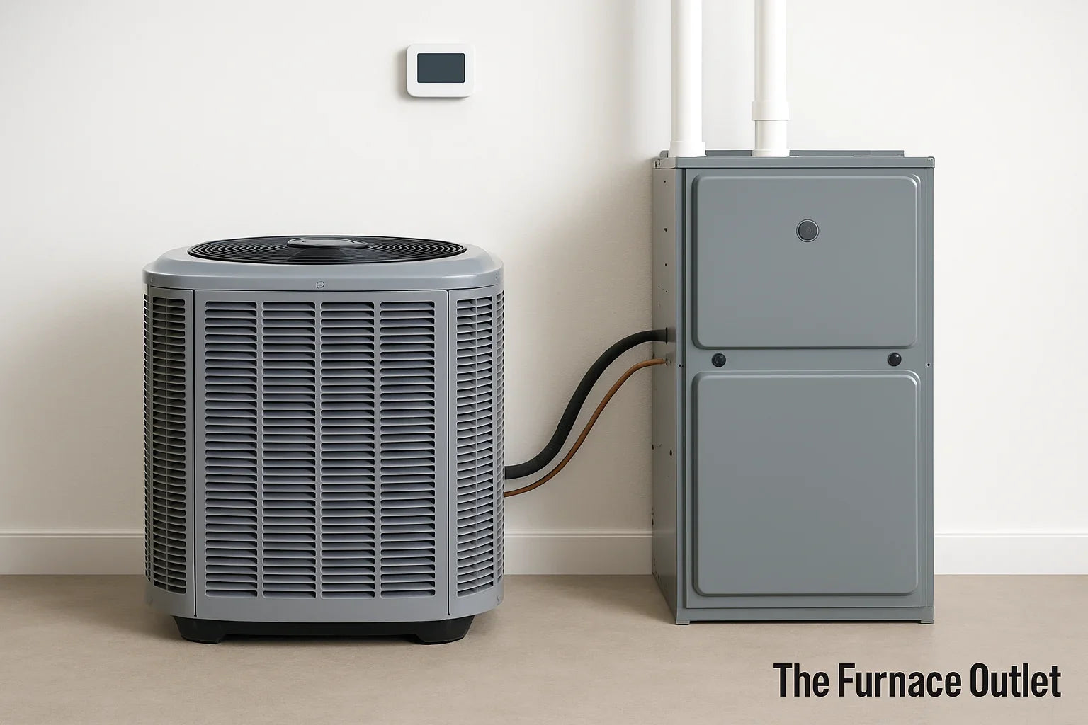 Central air conditioning unit and furnace in a clean, bright home setting