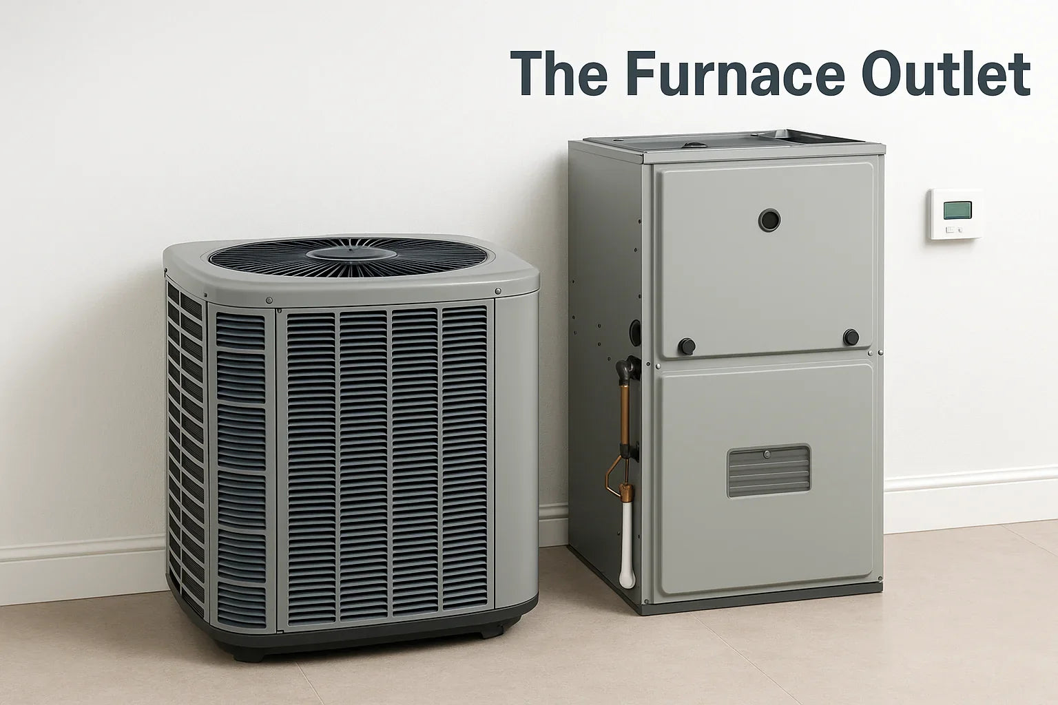 Central air conditioning unit and indoor furnace displayed in a clean modern setting.