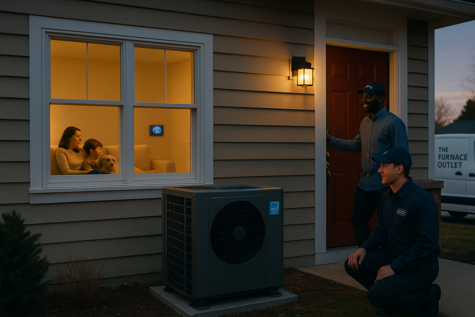 HVAC technician smiling beside residential heating and cooling units with The Furnace Outlet branding.
