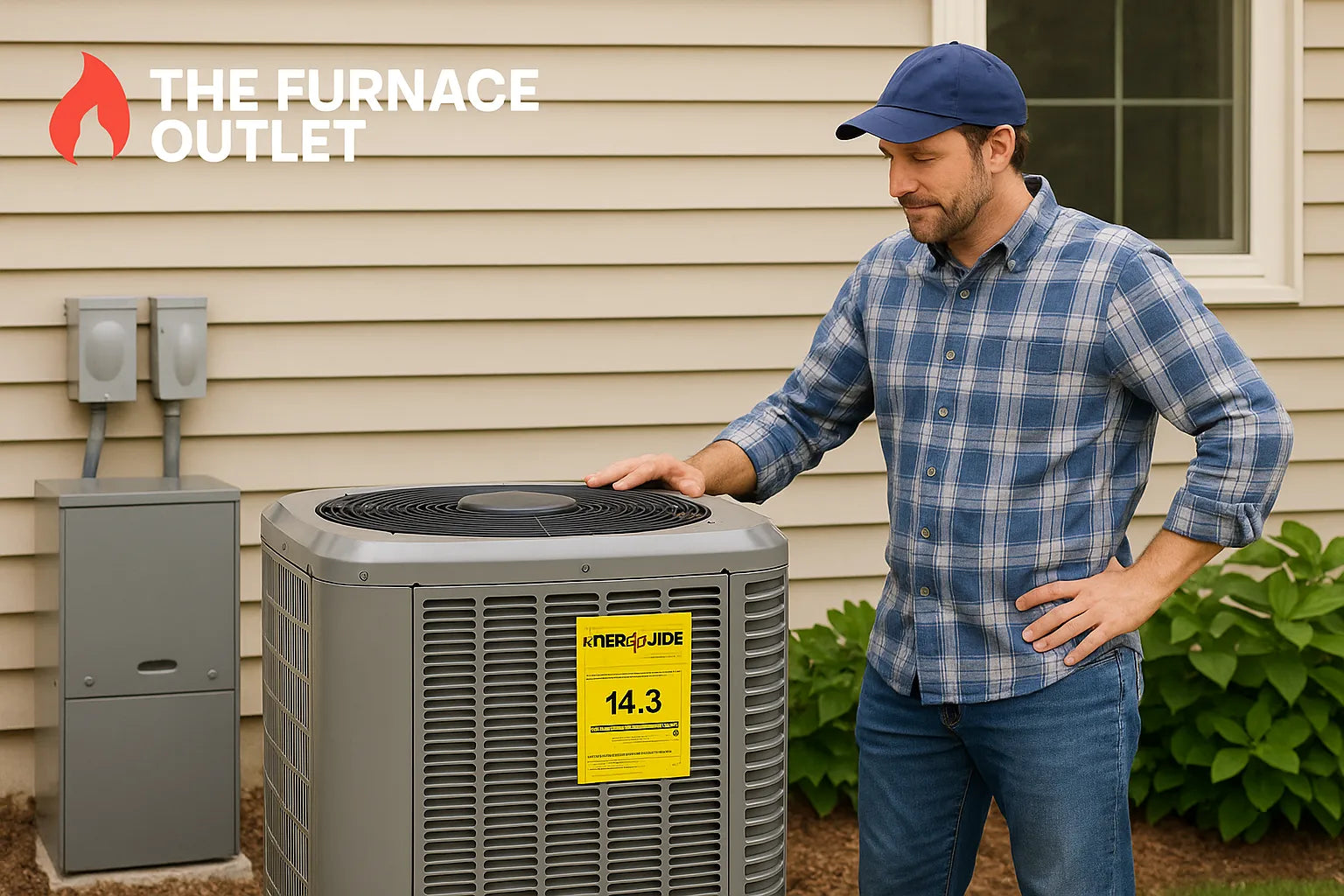 HVAC technician checks EnergyGuide SEER2 label on residential AC unit outside suburban home.