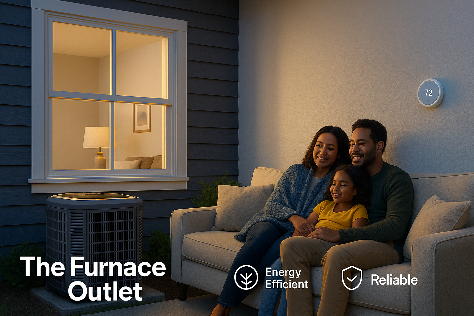 Modern American home with visible HVAC condenser and family relaxing inside, conveying energy-efficient, reliable year-round comfort by The Furnace Outlet.