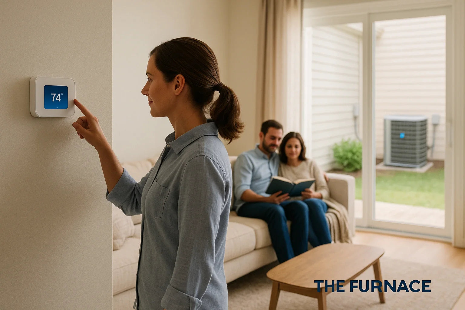 Clean living room with homeowner adjusting a smart thermostat and a tidy outdoor AC condenser visible through the window, conveying energy-efficient, reliable central cooling for The Furnace Outlet.