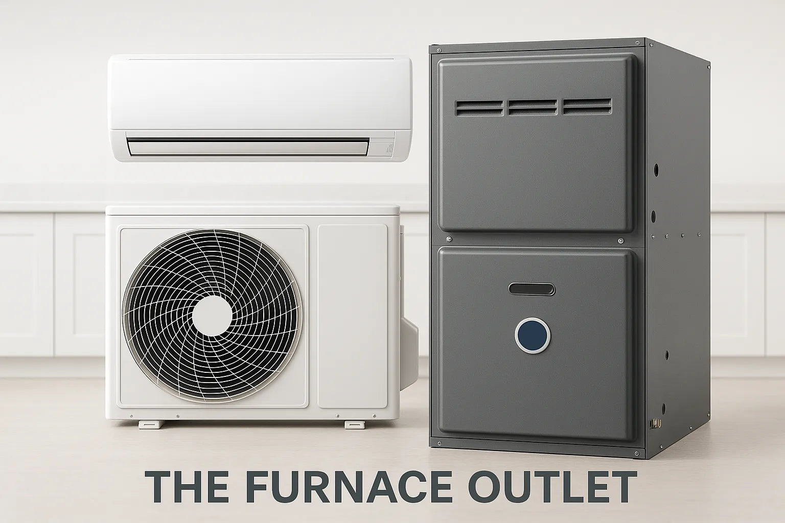 Clean professional HVAC product display with a mini split unit and furnace side by side indoors.