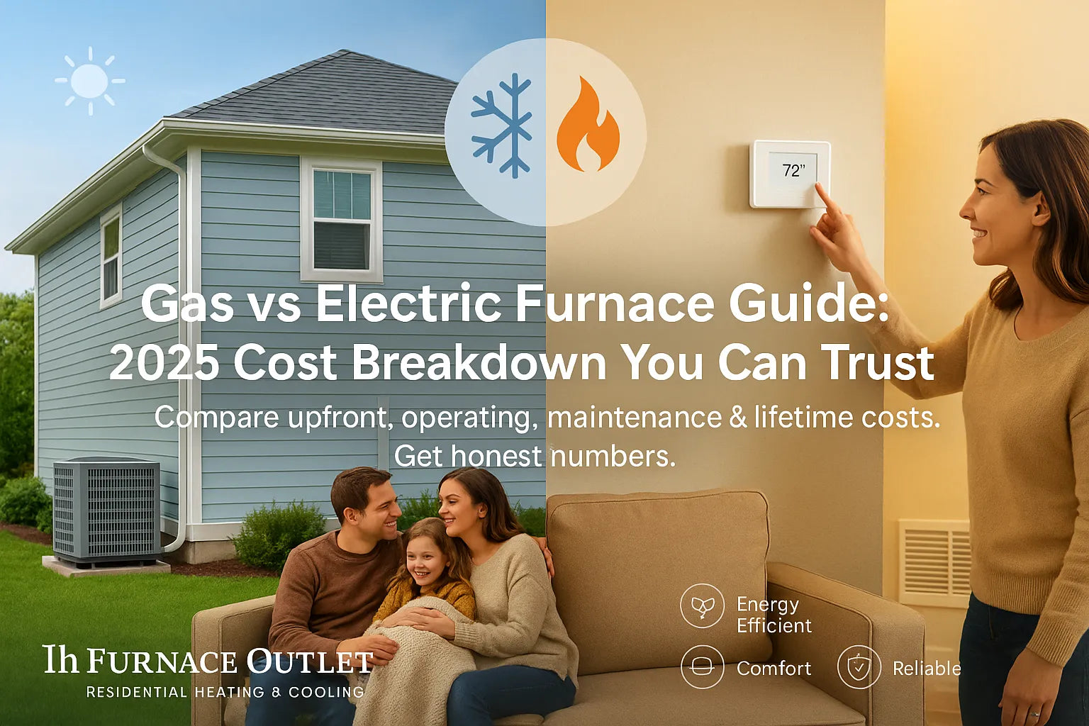 Clean split-scene of a U.S. home showing summer cooling and winter heating for an energy-efficient, comfortable, reliable HVAC solution by The Furnace Outlet.