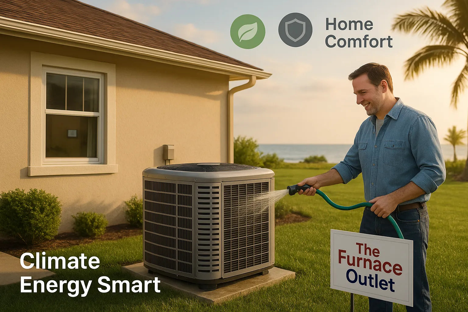 Coastal U.S. home as a homeowner gently rinses an energy-efficient outdoor AC unit—trustworthy, approachable HVAC comfort from The Furnace Outlet.